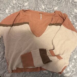 Striped V-Neck Sweater in Peach and Cream - Women